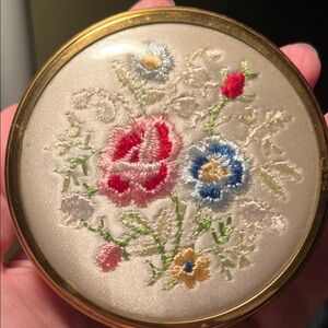 Vintage Gold Tone Embroidered Trinket Box, Floral Silk Vanity Box,